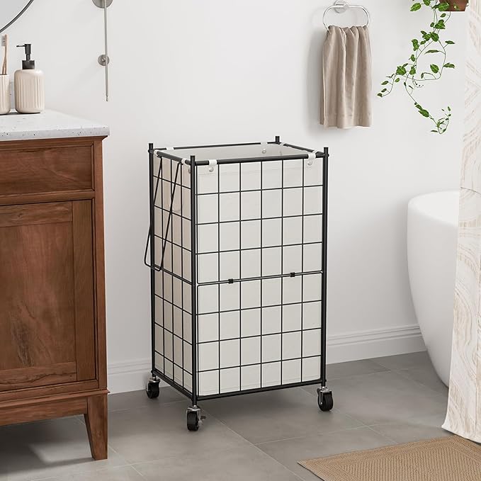 WOWLIVE Laundry Hamper with Wheels,Metal Wire Frame Rolling Laundry Basket with Removable bag,100L Dirty Clothes Hamper Organizer Dorm Room Storage for Bedroom,Bathroom,Black and White