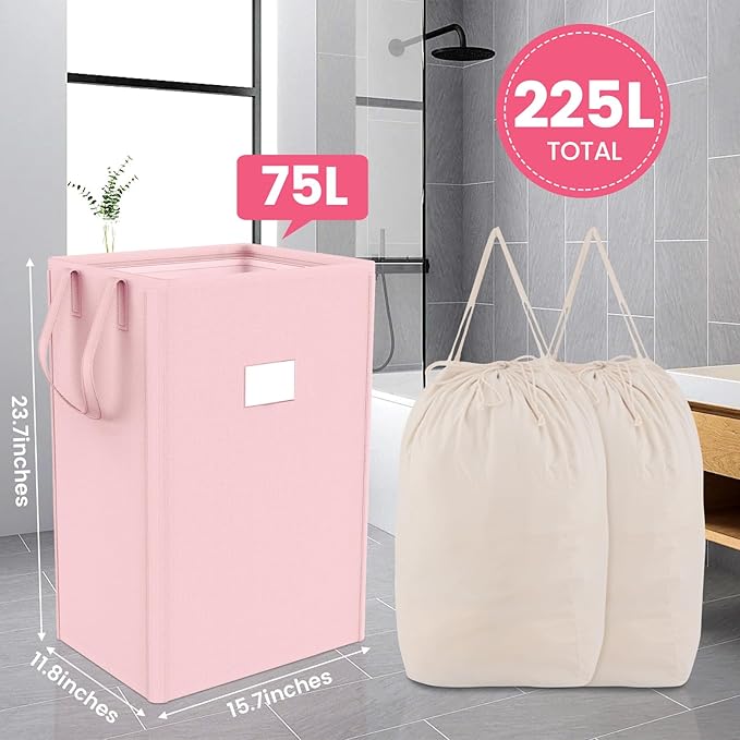 MCleanPin 220L Pink Laundry Hamper Large Collapsible Basket with Laundry Bags, Dirty Clothes Hamper,Laundry Basket with Handles,Washable Laundry Bags,Foldable Dorm Hamper for College (Rose Pink)