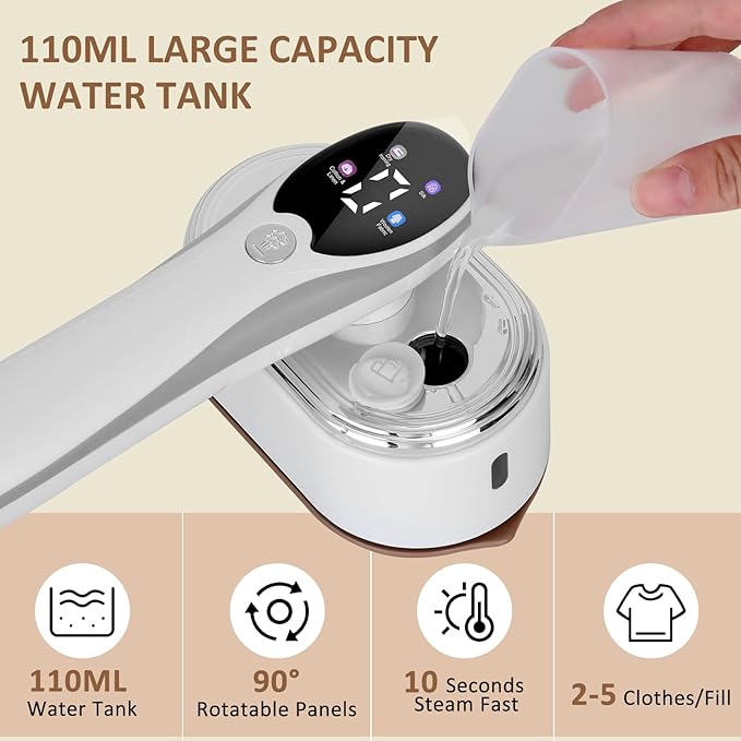 Travel Steamer for Clothes, Handheld Garment Steamer with LED Display, 10s Fast Heat-Up, 4 Adjustable Settings, Large 110ml Tank, Steamer ＆ Iron 2 In 1, Travel steamer for All-Fabric Wrinkle Remover