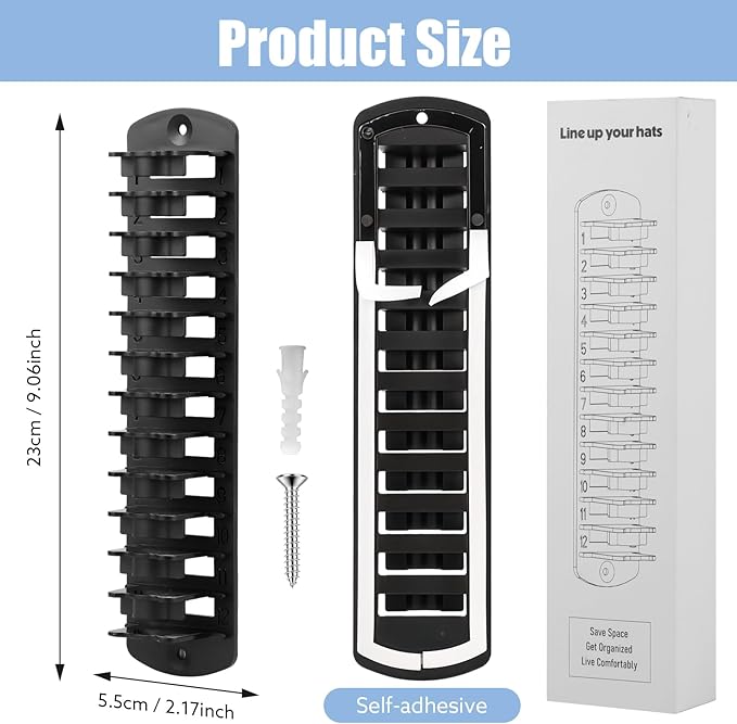 Hat Organizer for Baseball Caps, 2 Pack Hat Rack for Wall Hold up to 20 Hats Adhesive Hat Hooks Stand Hat Hanger Organizer Storage Holder Display for Door Closet Bedroom