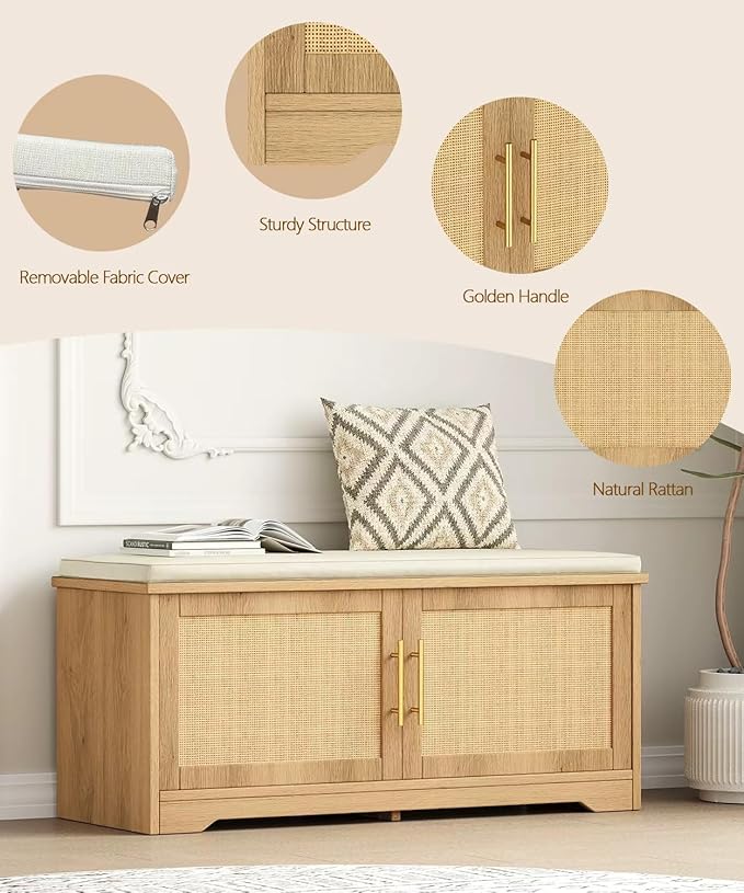Rattan Shoe Storage Bench with Cushion, 39.4" Wide Entryway Bench with Adjustable Shelf, Hidden Shoe Organizer Cabinet, for Hallway, Living Room, Bedroom, Natural Oak