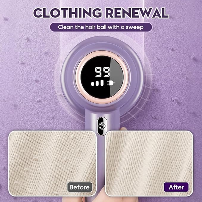 Rechargeable Fabric Shaver, 2025 New Electric Lint Remover Shaver 3 Modes Lint Remover for Clothes 6-Blade, 3-Speed Defuzzer Remove Fuzz, Pills for Clothes, Upholstery, Furniture (Purple)