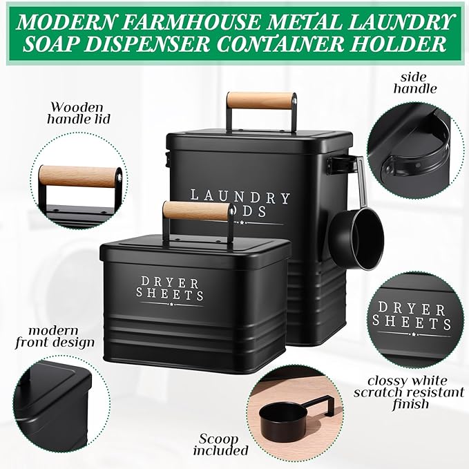 2 Pcs Laundry Pod Container with Dryer Sheet Holder Farmhouse Laundry Room Decor Organization and Storage Detergent Container Box with Lid Handle Metal Dryer Sheet Dispenser(Black)