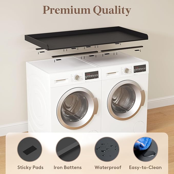 Lifewit Washer Dryer Countertop, Melamine Covers with Edge Rails for The Top, Laundry Room Storage and Organization, Spice Type, Hold 200lbs, Black, 54" x 27.5"