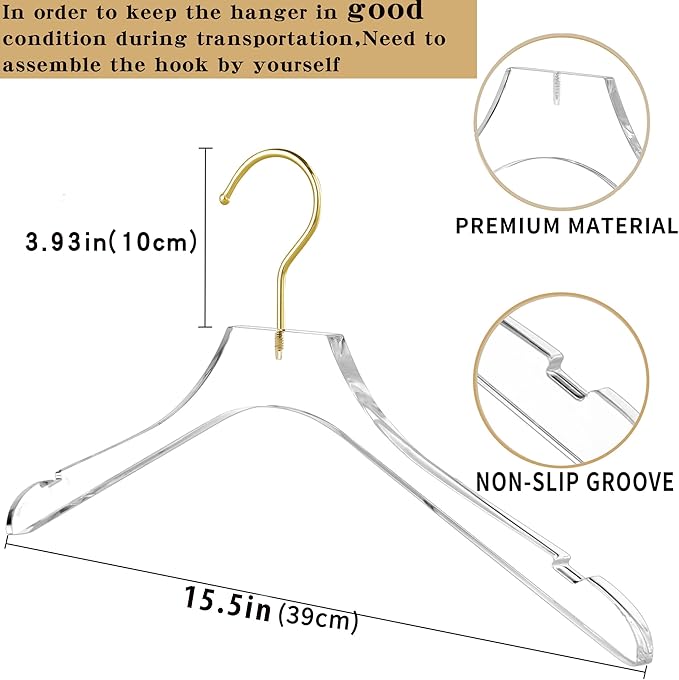 Besser 15 Pack Acrylic Hangers with Gold,Acrylic Clear Hanger,Premium Crystal Dress Hangers Swivel Gold Hook Luxurious Shiny Clothes Hangers(Clear-Style A)