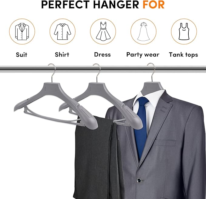 DEDU Suit Hangers for Men 20 Pack, Grey Coat Hangers Extra Wide Non Slip Width 17.7", Thick Plastic with Pants Bar & Metal Hook