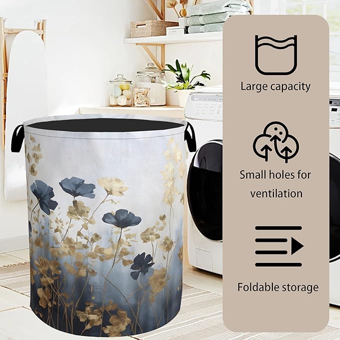 Blue Flowers Laundry Basket - Extra Large Foldable Laundry Hamper with Handles, Washable Storage Bin for Bathroom/Laundry/Bedroom/Dorm