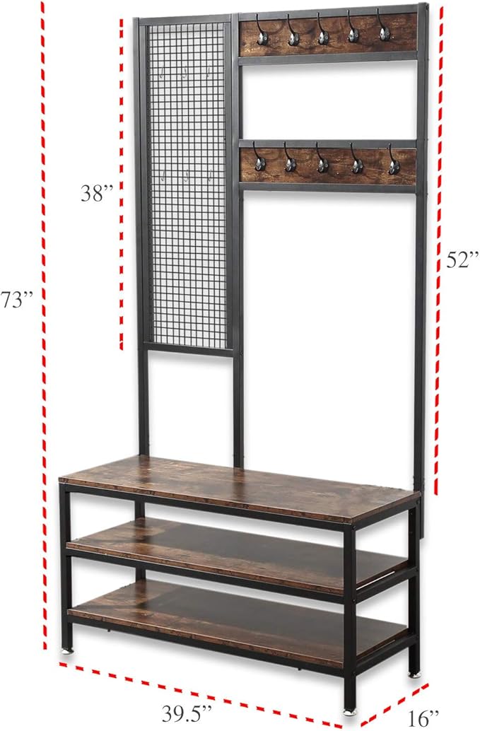 AJP Distributors Industrial Coat Stand Shoe Rack Bench + Grid Wall 3-in-1 Entryway Hall Tree 3-Tier Storage Shelves with 12 Hooks Hallway Hanger Organizer Metal Frame & Wood Look Accent Furniture