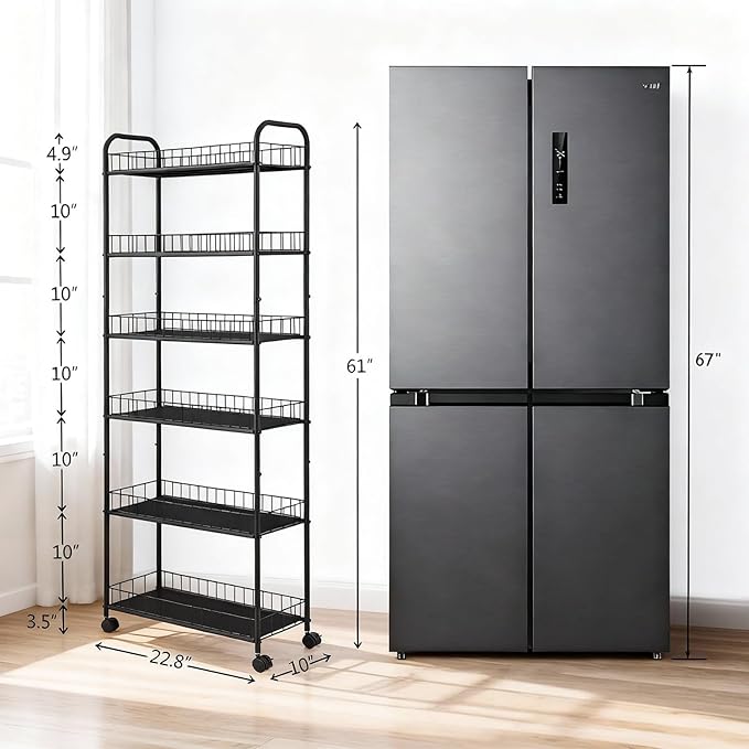 6 Tier Slim Rolling Storage Cart, Mobile Shelving Unit with Wheels, Metal Wire Storage Rack with Baskets for Kitchen Bathroom Office Laundry Narrow Piaces (10in Rolling Cart)