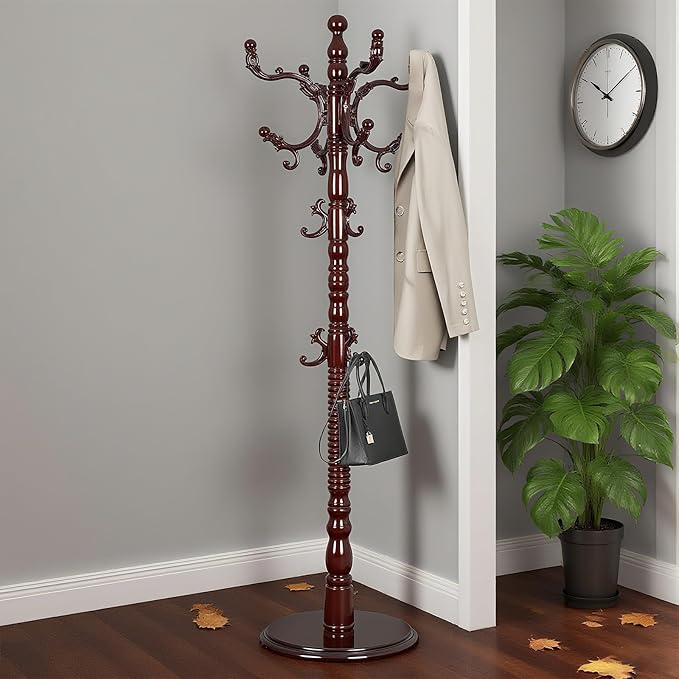 Free Standing Coat Rack with 14 Hooks, Vintage Wooden Coat Tree, Adjustable Height 73 Inches, Retro Coat Stand for Entryway, Living Room, Office & Bedroom (Mahogany) (Walnut, 1 PCS)