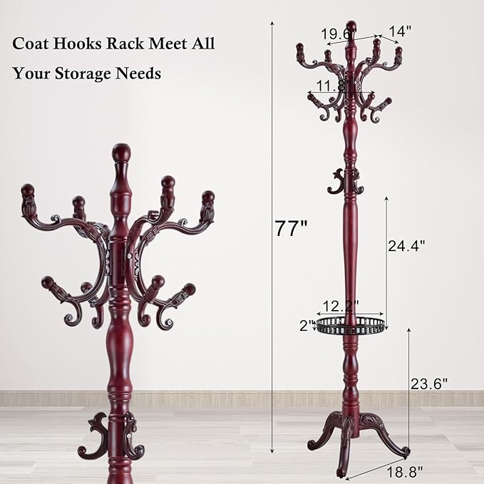 Coat Rack Stand, Solid Wooden Coat Tree with 14 Hooks, Heavy Duty Coat Rack Freestanding with Sturdy Triangle Base, Natural Birch Wood Coat Hanger Stand for Entryway Bedroom (Reddish-brown H12)