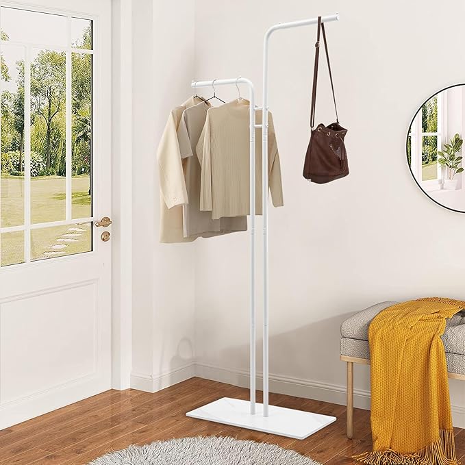 67in-White Clothing Rack with Base, Double Rod Freestanding Coat Rack Hanging Clothes, Bags, Hat and Shoes for Entryway Bedroom Garment Organizer, Clothing Stores Boutique Retail, Studio