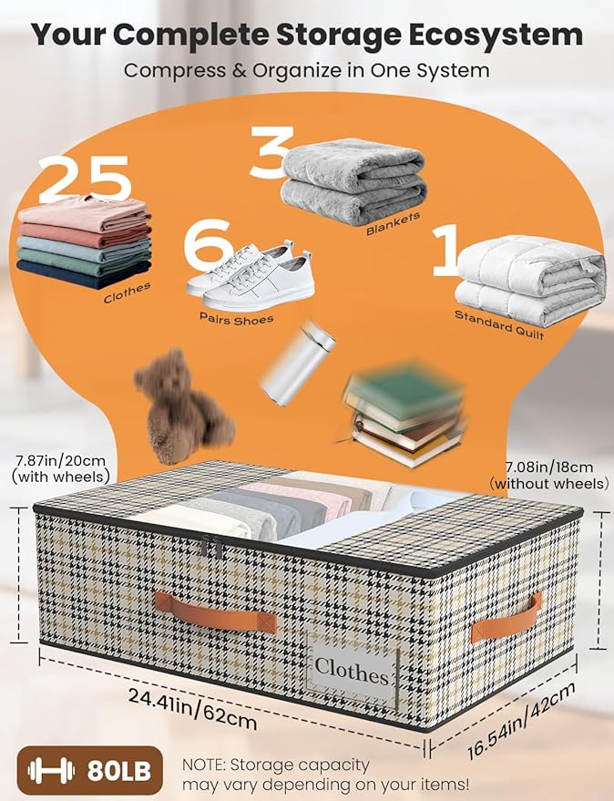 TOSKING 2-Pack Under Bed Storage with Wheels and 4 Vacuum Seal Bags, 7.9 Inch 47L Clear Lid Organizer, Space Saving for Bedding Blankets Clothes ShoesToys, Quick Assembly,Houndstooth