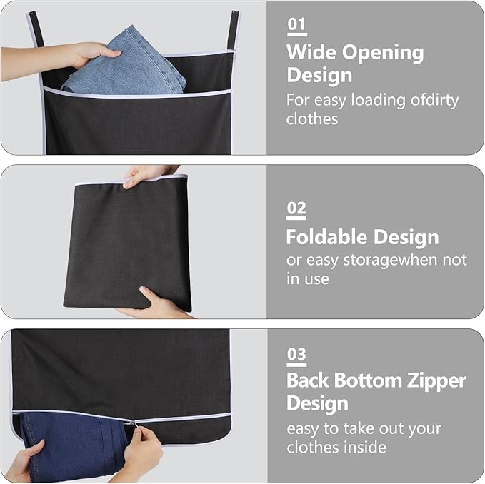 Black Hanging Laundry Hamper Bag, XL Door Hanging Hamper with Large Openging Laundry Hamper Storage Bag Large Size 36X22 Inch, Over Door Hamper