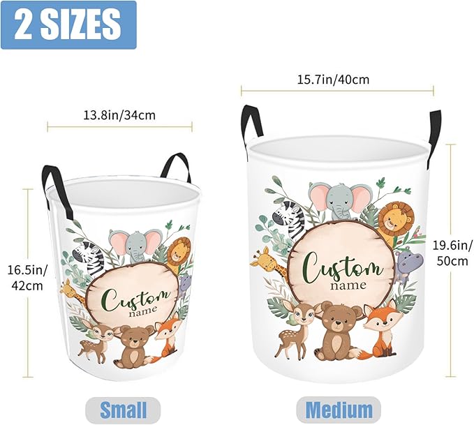 Personalized Baby Basket for Laundry, Custom Name Laundry Baskets for Kids Girls Boys Adults, Customize Kids Clothes Hamper, Safari Animals Print Storage Basket with Handles