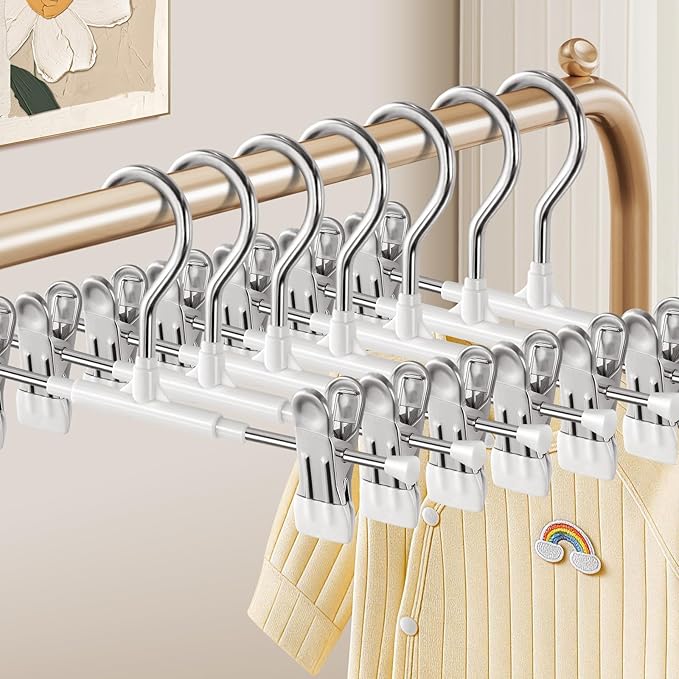 HUADYMEET 30 Pack Baby Pants Skirt Hangers,Non-Slip Space Saving Clothes Hangers with Clips for Kids,Children,Toddler,Jeans Trousers Shorts Metal Hanger for Closet Organization,Women,Men10inch(White)