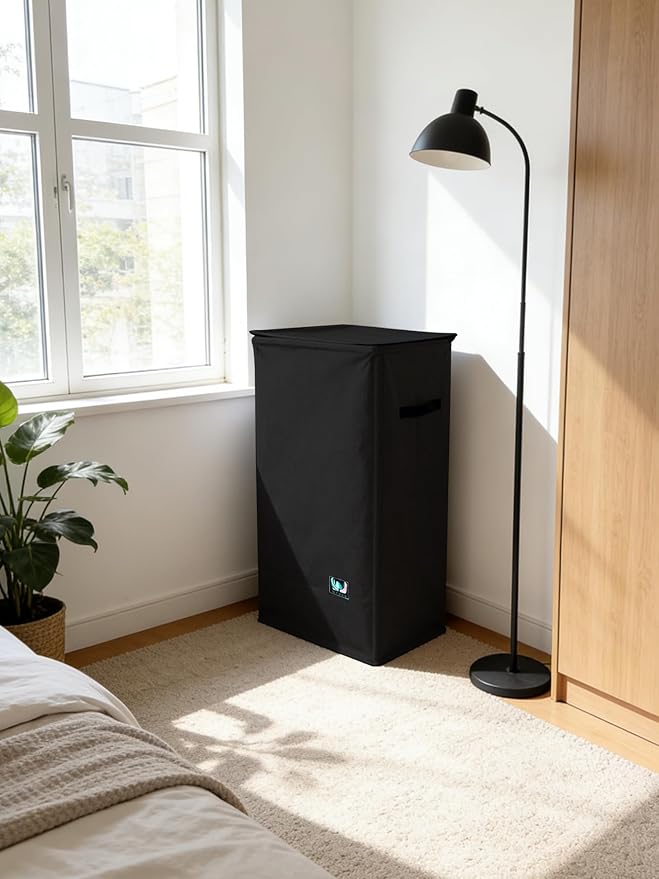 Laundry Hamper with Lid, Reinforced Sturdy Clothes Hamper with Anti-Puncture Base, Large Collapsible Laundry Basket with Removable Liner Bag, Tall Dirty Clothes Bin for Family, 100L Black