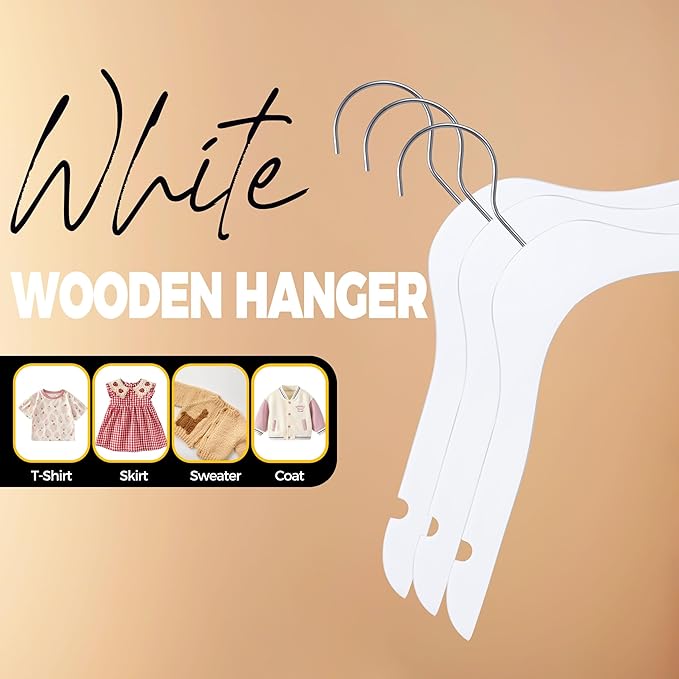 Quality 12-Inch Ultra Slim Kids Wooden Hangers – Multi-Pack – Space Saving White Design with Nickel Swivel Hook – for Baby Clothes, Shirts & Dresses (White, No Bar, 20 Pack)