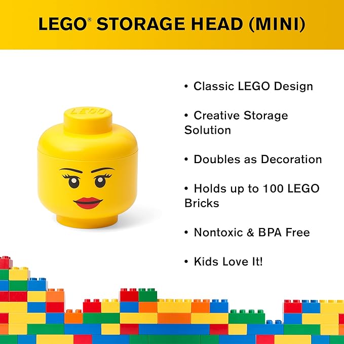 Room Copenhagen, LEGO Storage Head (Mini) - Girl - 4 x 4.5 Inches (10.2 x 11.5 cm) - Stackable Plastic Storage Box with Lid for Kids' Toy Organizer and Room Decor