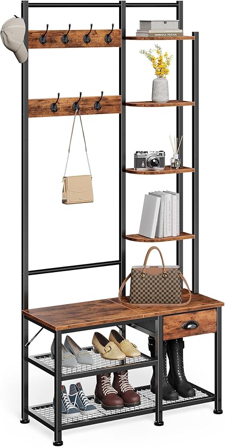 Furologee Coat Rack, Hall Tree with Bench and Shoe Rack, 4 in 1 Entryway Bench, Entryway Shoe Storage with 4 Shelves, 8 Hooks, 1 Fabric Drawer, Rustic Brown