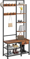 Furologee Coat Rack, Hall Tree with Bench and Shoe Rack, 4 in 1 Entryway Bench, Entryway Shoe Storage with 4 Shelves, 8 Hooks, 1 Fabric Drawer, Rustic Brown