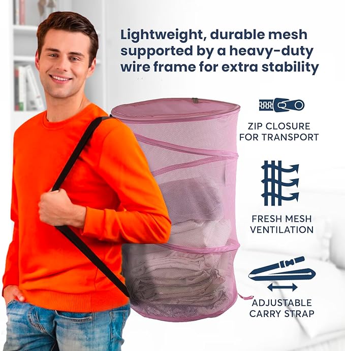 Collapsible Wire Mesh Laundry Hamper, Lightweight, Durable, Portable, Pink