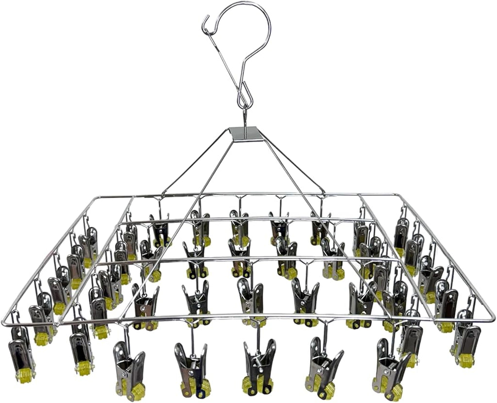 Quick Release Stainless Steel Laundry Drying Rack with Clips, Swivel Hook Wind-Proof Clothes Hanger Rack for Sock, Bras, Underwear, Laundry (Rectangle 40 Clips)