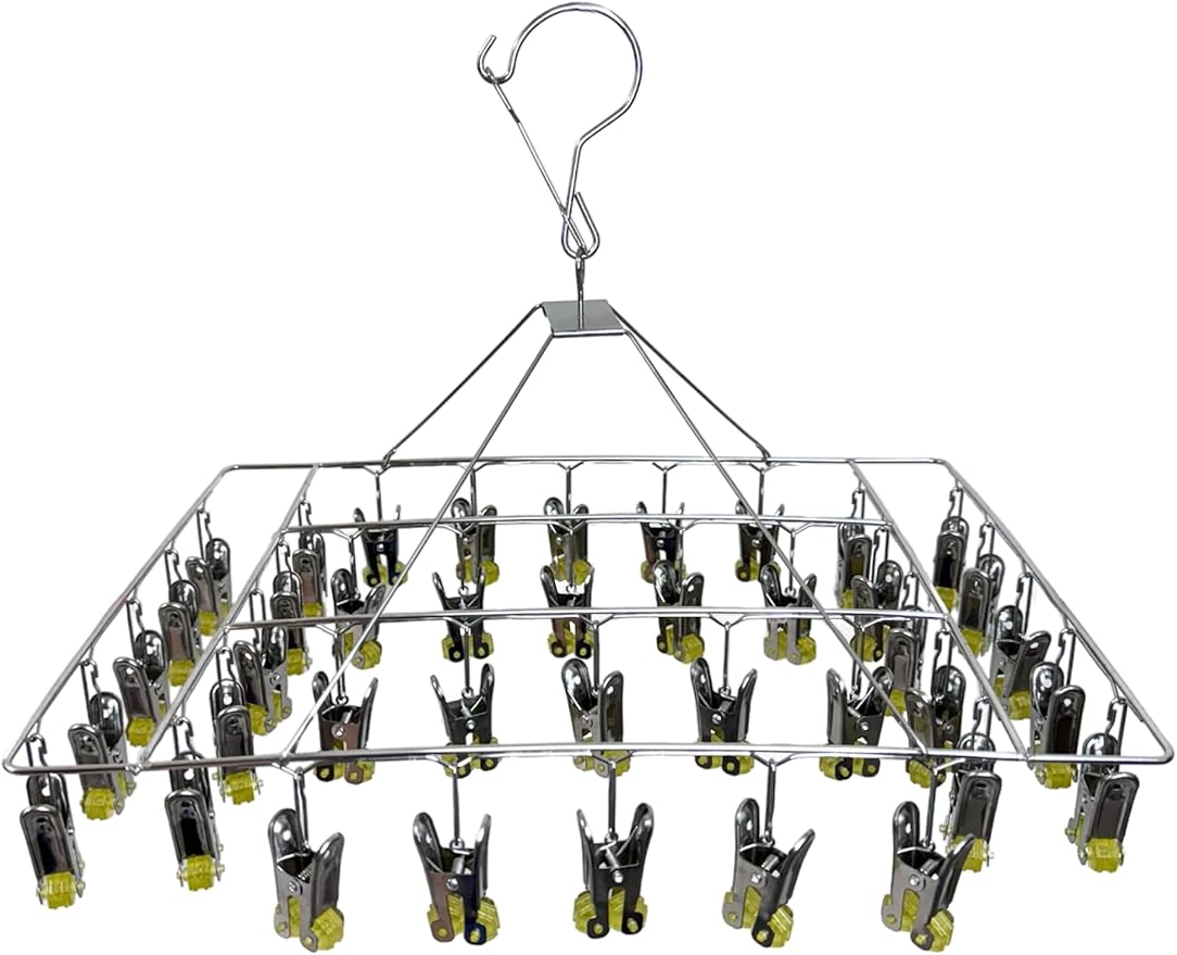 Quick Release Stainless Steel Laundry Drying Rack with Clips, Swivel Hook Wind-Proof Clothes Hanger Rack for Sock, Bras, Underwear, Laundry (Rectangle 40 Clips)
