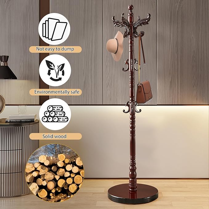Wooden Coat Rack Stand, Natural Birch Wood Coat Rack Freestanding with Triangular Base, Sturdy Solid Wood Coat Racks with 14 Hooks, Vintage Coat Hall Clothes Tree for Entryway, Office, Corner