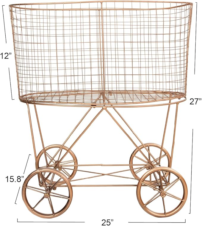 Creative Co-Op Vintage Reproduction Decorative Metal Laundry Basket on Wheels, Copper