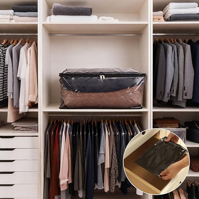 Fixwal 60L Blanket Storage Bags 4 Pack Clothes Storage Bins Foldable Thick Closet Organizers Storage Containers with Reinforced Handle for Clothing, Blanket, Comforters, Pillows(Black,PVC)