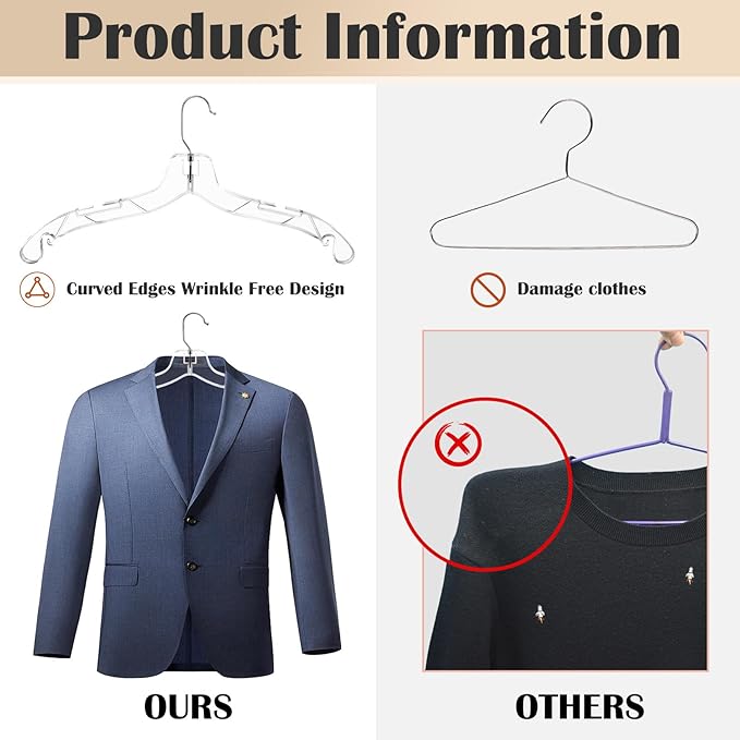 12 Pack Clear Plastic Hangers,Shirt Hanger Clear Hangers with 360 Swivel Metal Hook,Heavy Duty Dress Hangers Coat Hangers for Clothes Shirts Dresses,16.7 Inch