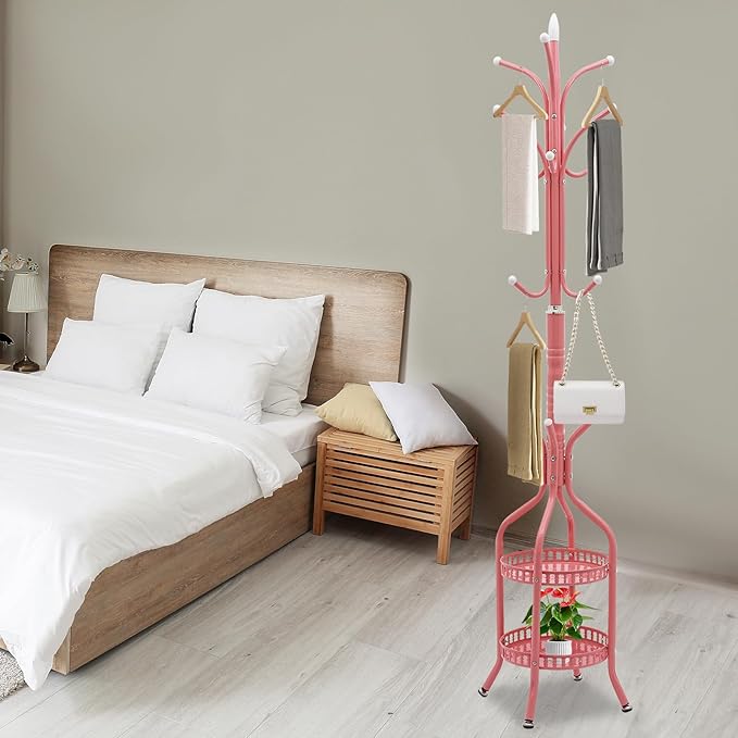 Metal Coat Rack Stand Freestanding Hat Hall Tree Clothes Rack Holder Modern Clothing Garment Hanger Stand with Double Layer Storage Basket and Hooks for Hanging Scarf Bag for Entryway Bedroom (Pink)