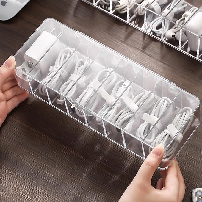 2Pcs Clear Cable Management Box with Lid, 26x9x5.5cm, Desktop Cord Organizer with Compartments (2, 10.2 x 3.5 x 2.2)