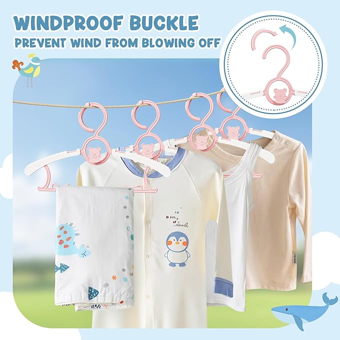50 Pack Kids Hangers for Nursery Closet, Adjustable Non-Slip Toddler Baby Hangers with Windproof Buckle, 11-14" Infant Child Plastic Clothes Pant Hanger for Boys Girls Newborn Adult, Pink