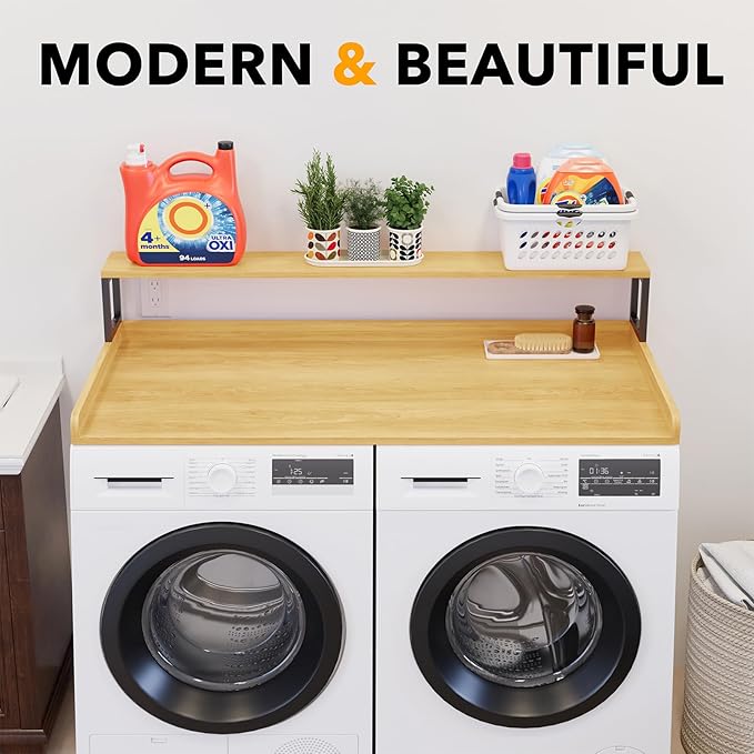 SpaceAid 2-Tier Washer Dryer Countertop, Laundry Topper with Rack Shelf 54" Width x 27.5" Depth x 10" Height Organizer Cover for Washer and Dryer Laundry Hamper Counter Storage (Maple Wood)