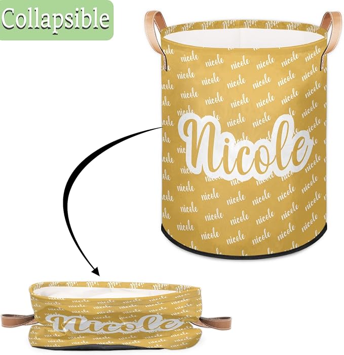Custom Name Laundry-Hamper, Personalized Yellow Kids-Clothes-Hamper Foldable with Name, Customized Storage Basket with Handles Waterproof Gift for Boys Girls Baby Women