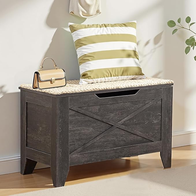 VECELO 30" Storage Bench, Shoe Bench with Handwoven Wicker Cushion, Ottoman Storage Trunk with Safety Hinges, Ideal for Entryway, Bedroom, Living Room, Gray