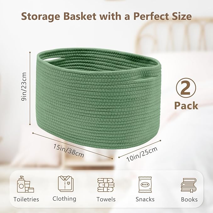 Cotton Rope Storage Basket, 15x10x9 Inches, Woven Basket for Shelves, Clothes, Towels, Books, and Laundry, Green (2 Pack)