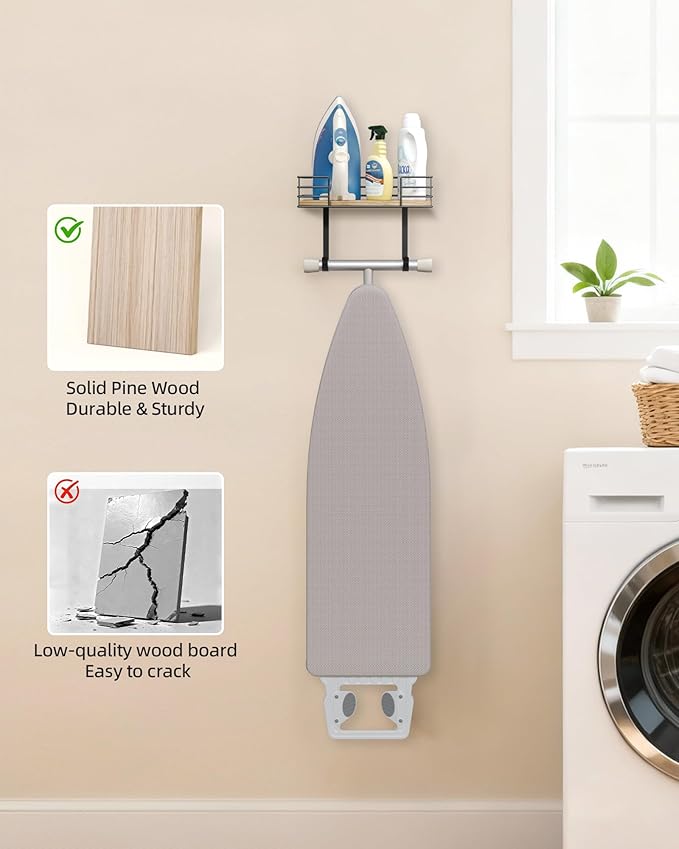 THYGIFTREE Ironing Board Holder Wall Mount, Metal Ironing Board Hanger with Shelf Laundry Room Accessories Holder for Holder for Ironing Board and Iron on Wall