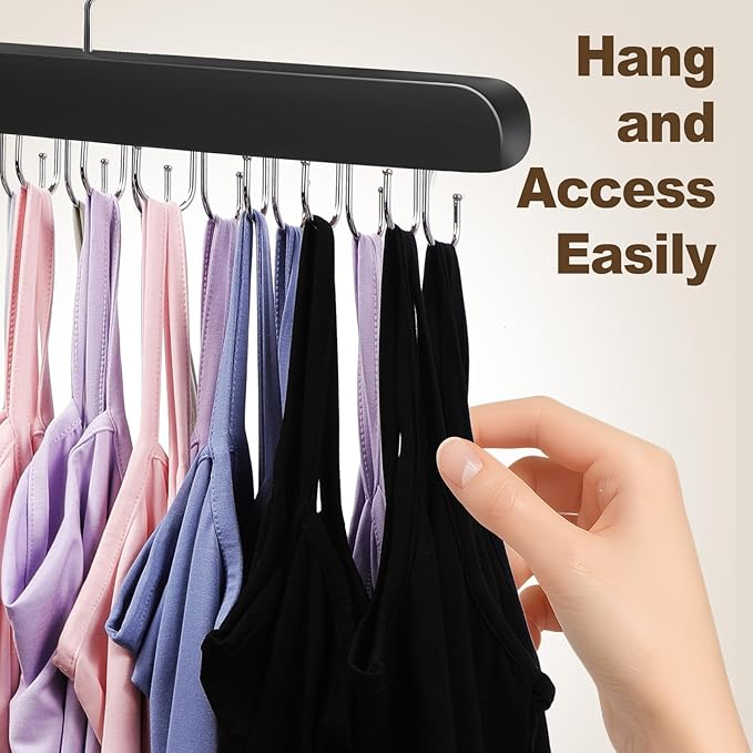 2 Pack Tank Top Hanger, 40 Hooks Large Capacity Bra Hanger for Closet Organizers & Storage, Bra Organizer Closet, Tank Top Hangers Space Saving for Sports Bras, Tank Top (Black, 2 Pack)
