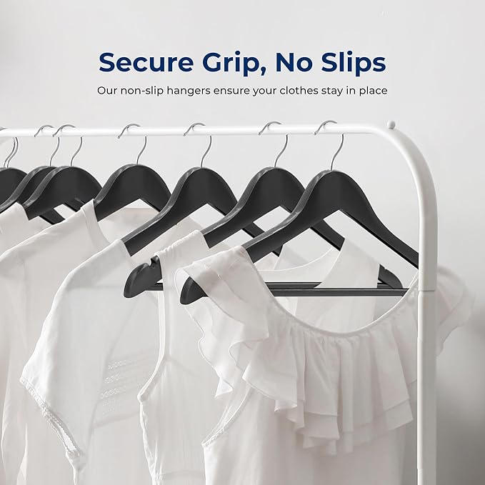 SereneLife 30-Pack Black Wooden Clothes Hangers – 14” Heavy-Duty Solid Wood with Pants Bar, Non-Slip Notches & 360° Chrome Swivel Hook, Space-Saving Coat, Jacket & Suit Hangers for Closet Organization