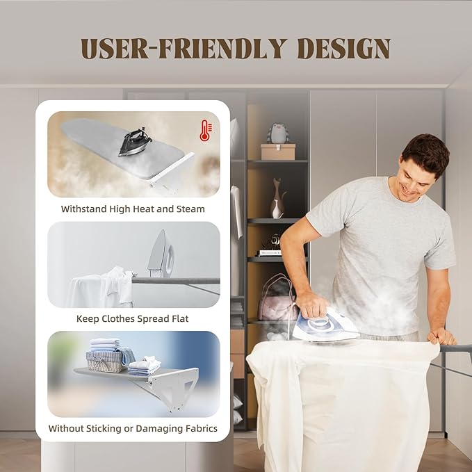 Wall-Mounted Ironing Board, Foldable Laundry Iron Board, Space Saving Ironing Station, Swivel Ironing Board with Heat Resistant Cover for Home, Apartment & Small Spaces, 39.3" x 12" Gray