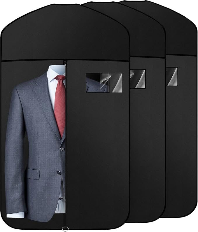 Premium Oxford Fabric Garment Bag Hanging Clothes Travel Suit Bag with Clear Window for Suits, Coats, T-Shirts, Jackets. (Black, 40-inch-3 packs)
