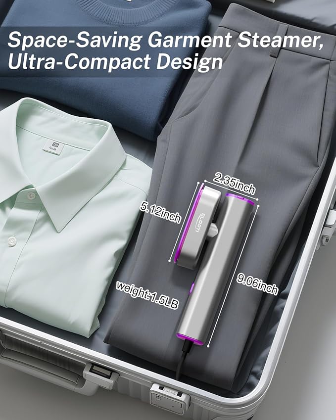 Steamer for Clothes ELORTI, Travel Clothes Steamer Handheld Portable Mini Small, 2-in-1 iron with 10s Fast Heat-Up, Rotatable Head 1200W, 110-120V, Office & Home, purple