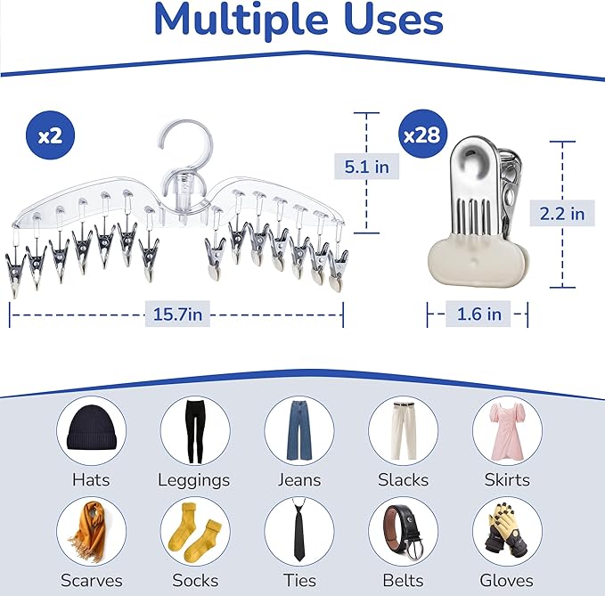 Antimbee Legging Hangers Organizer, Clear Pants Hanger with Larger Clips, 2-Pack Hanging 28 Leggings for Closet, Space Saving Yoga Hanger Storage Clothes and Essentials in Wardrobe
