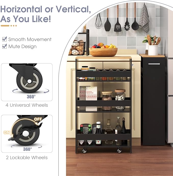 Giantex 4 Tier Rolling Slim Storage Cart, 8" Narrow Slide Out Kitchen Cart w/Handle & Open Shelves, Space-Saving Compact Mobile Utility Trolley for Small Space Laundry Room (Black & Natural)