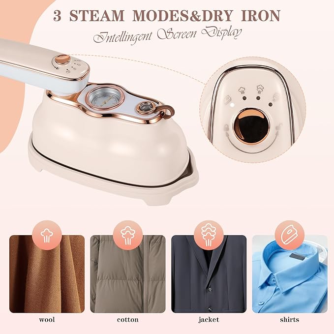 VAYALT Mini Steamer Travel Iron for Clothes, 180° Rotating Handheld Steam Iron, Two Ironing Modes, Three steam levels, 15 Seconds Quick Preheat, Suitable for Dormitory, Home and Travel(Beige)