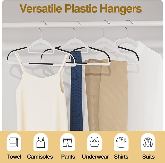 Plastic Hangers 50 Pack, 16.5 in Heavy Duty Clothes Hangers with 360° Swivel Hook, Non-Slip Bar & 0.2" Ultra-Slim Space-Saving Organizers for Coats, Pants, Suits, Shirts, White & Black