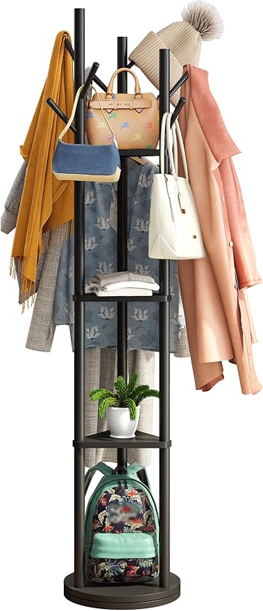 Rotary Coat Rack Stand with 8 Hooks, Black Bamboo Wood Coat Tree for Clothes/Bags/Hats, Large Coat Rack Freestanding for Entryway (Black_triangle)
